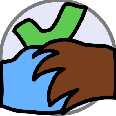 a blue hand holding hands with a clawed brown hand. behind them is a green checkmark and a artly transparent light grey circle.